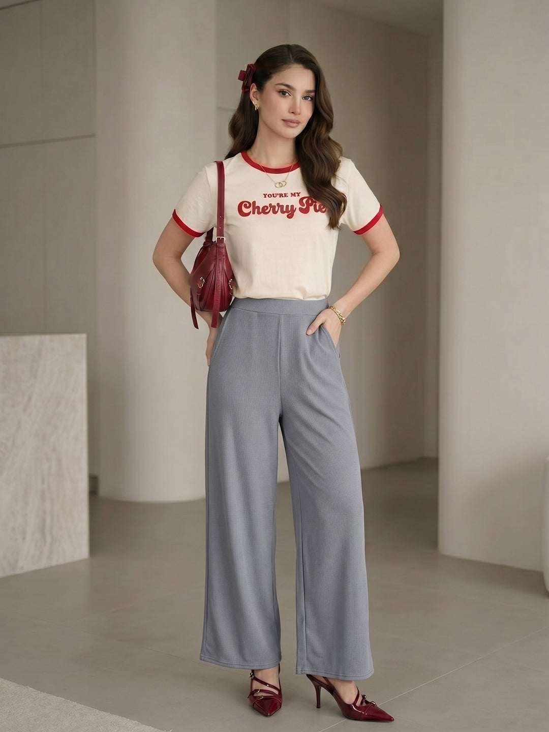 Women's Flowy Grey Ribbed High-Rise Wide-Leg Trousers
