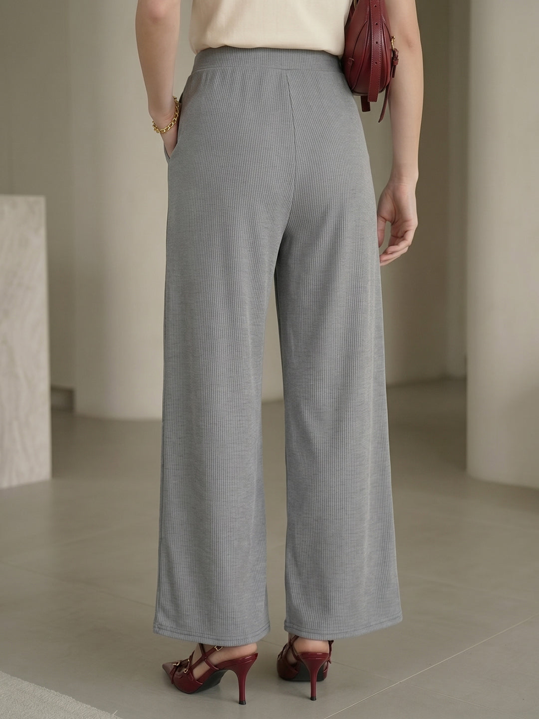 Women's Flowy Grey Ribbed High-Rise Wide-Leg Trousers