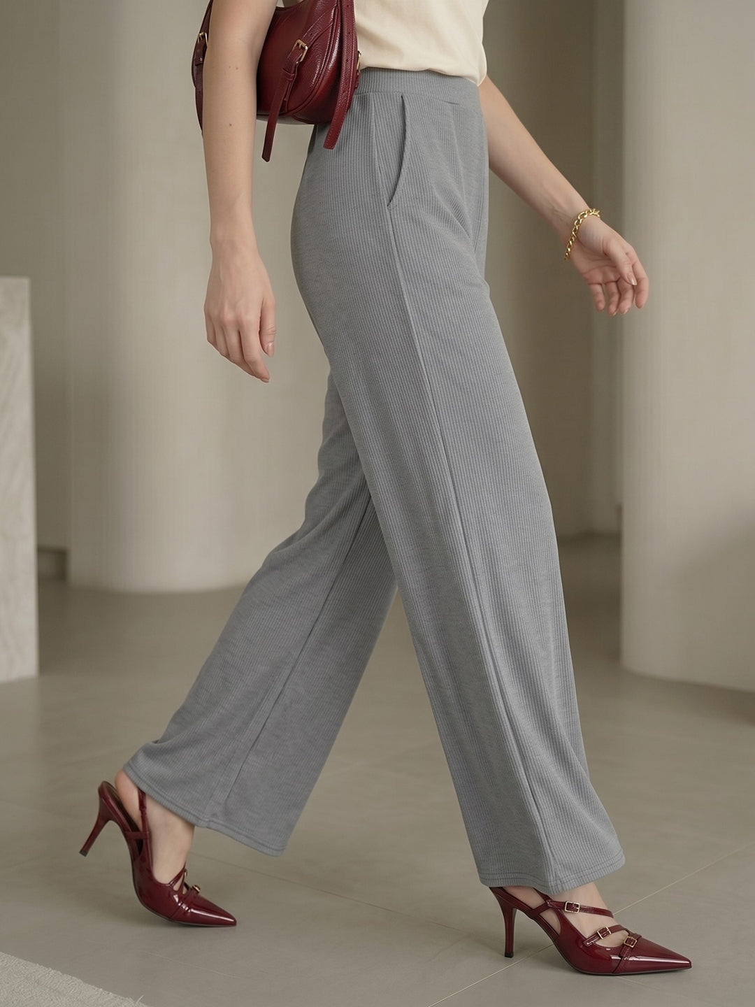 Women's Flowy Grey Ribbed High-Rise Wide-Leg Trousers