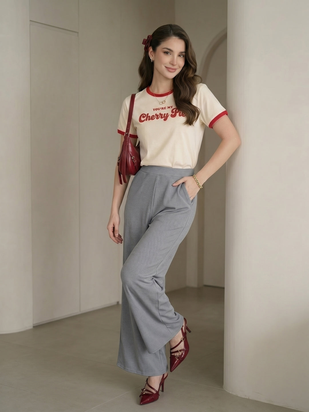 Women's Flowy Grey Ribbed High-Rise Wide-Leg Trousers