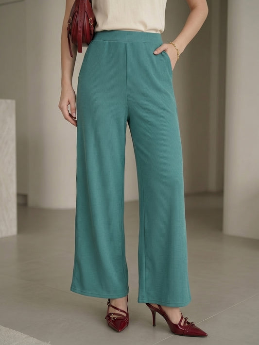 Women's Flowy Teal Ribbed High-Rise Wide-Leg Trousers