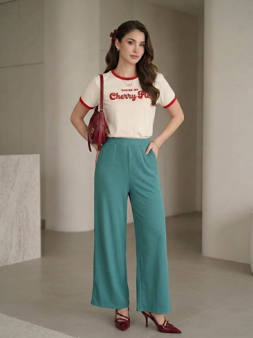 Women's Flowy Teal Ribbed High-Rise Wide-Leg Trousers