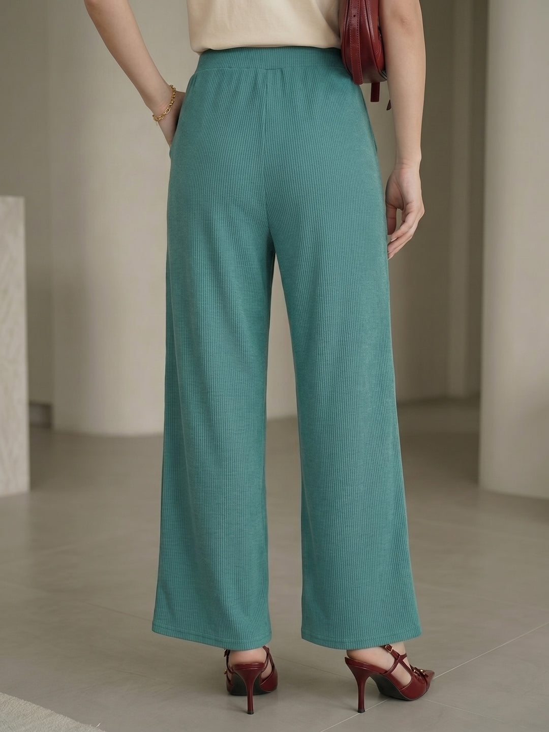 Women's Flowy Teal Ribbed High-Rise Wide-Leg Trousers
