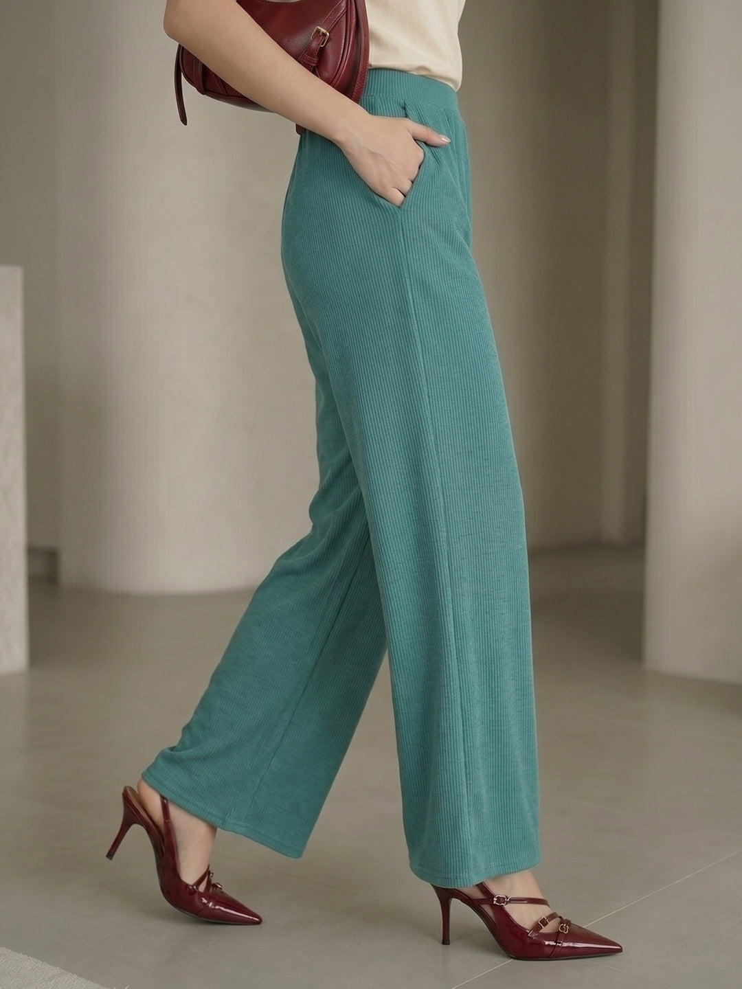 Women's Flowy Teal Ribbed High-Rise Wide-Leg Trousers