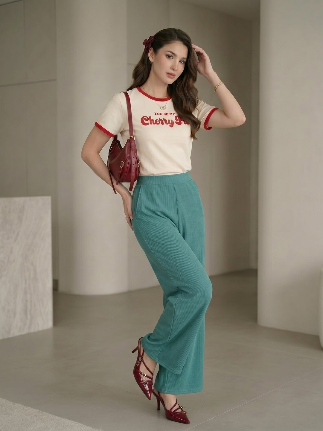 Women's Flowy Teal Ribbed High-Rise Wide-Leg Trousers