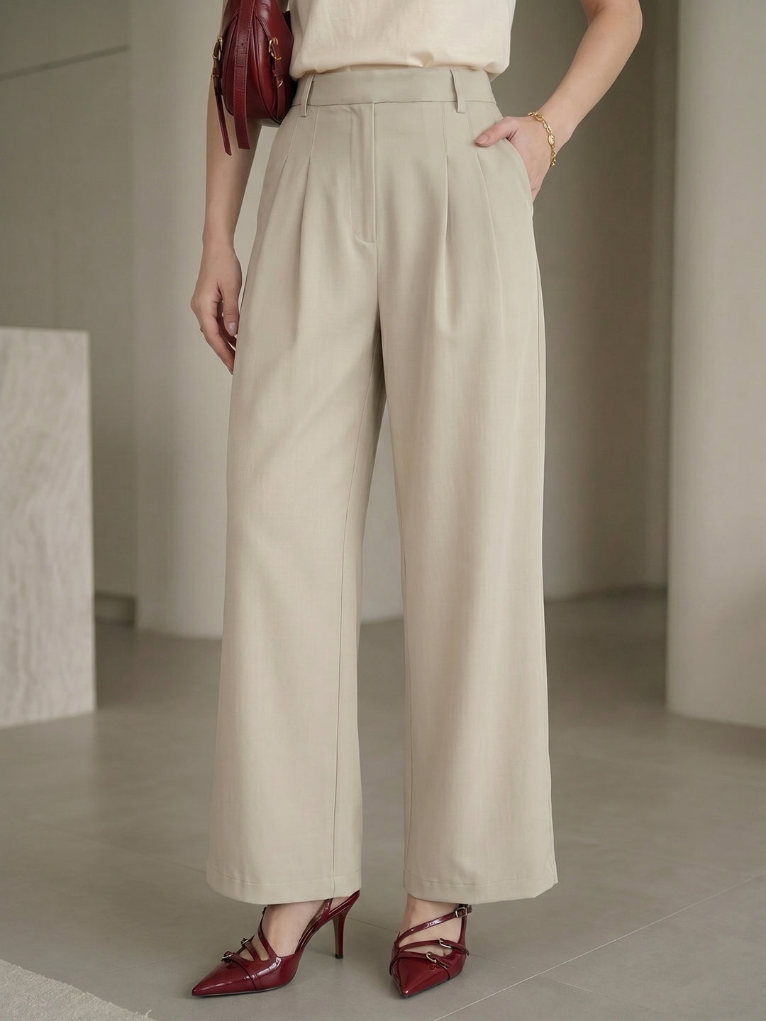 Women's Beige High-Rise Front Pleated Formal Wide-Leg Trouser