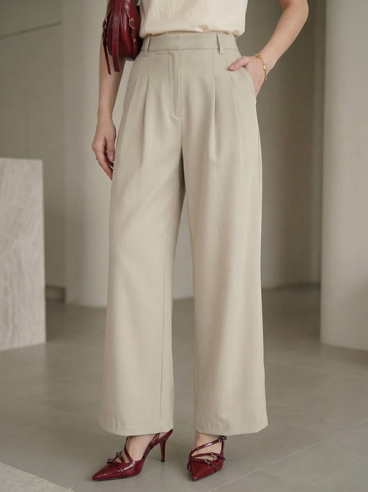 Women's Beige High-Rise Front Pleated Formal Wide-Leg Trouser