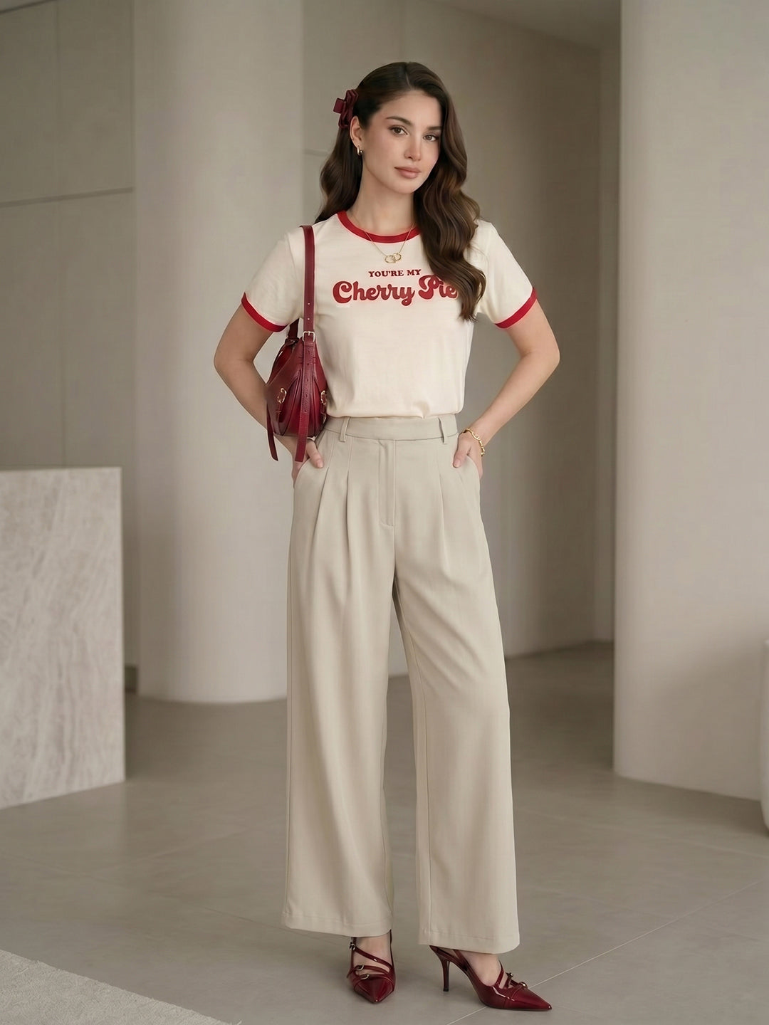 Women's Beige High-Rise Front Pleated Formal Wide-Leg Trouser
