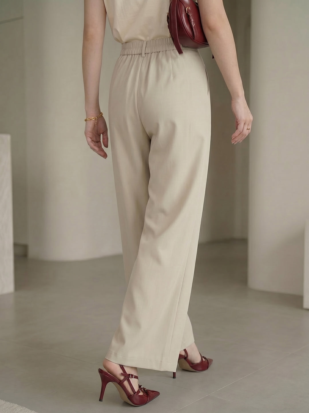 Women's Beige High-Rise Front Pleated Formal Wide-Leg Trouser