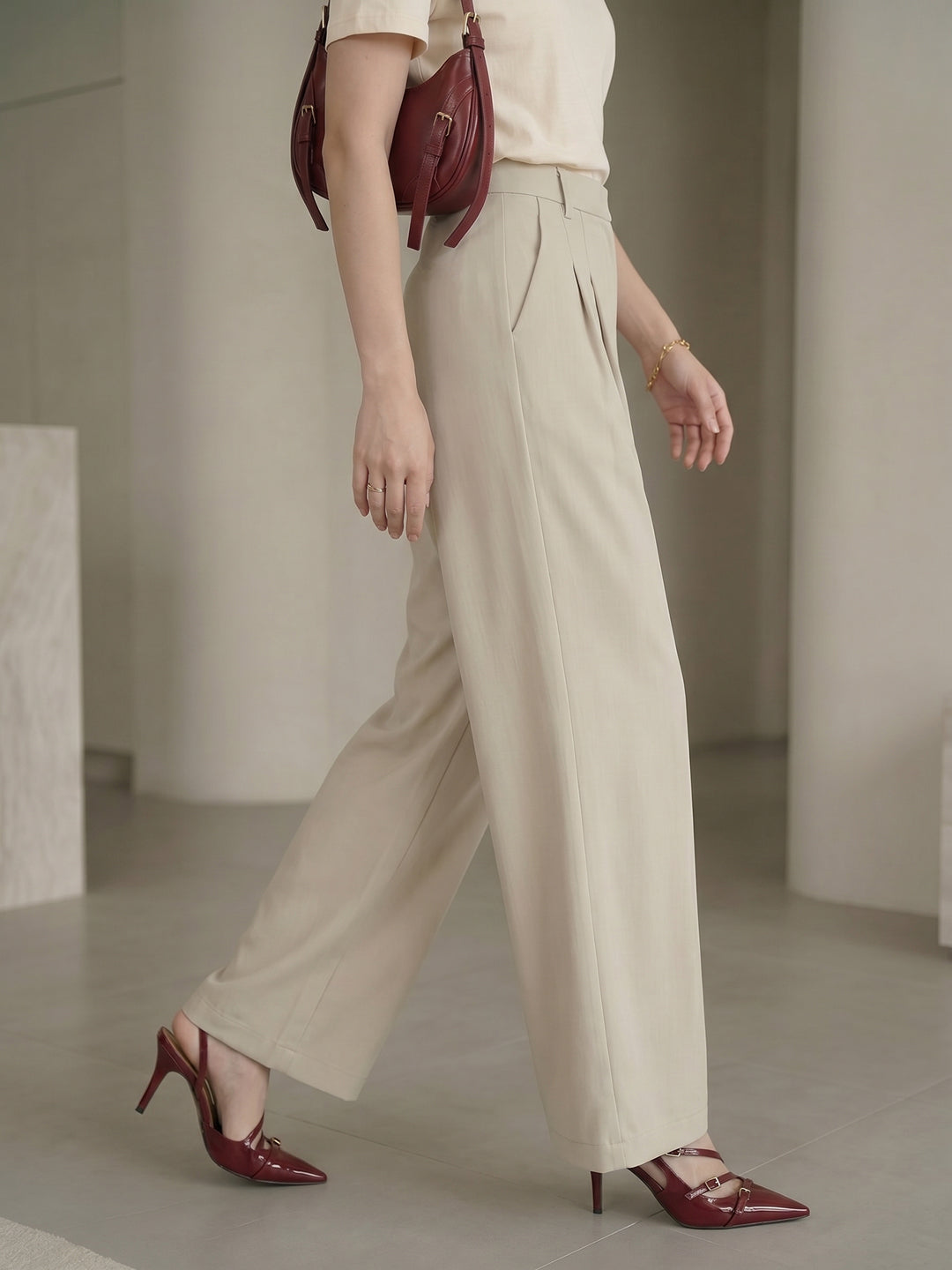 Women's Beige High-Rise Front Pleated Formal Wide-Leg Trouser