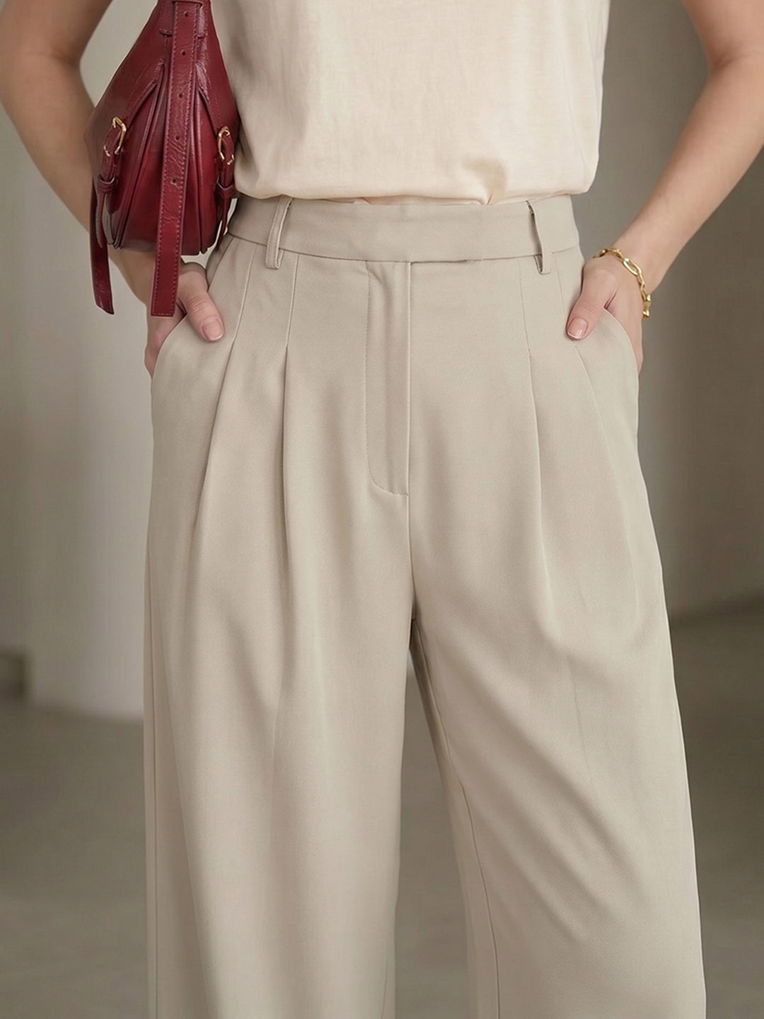 Women's Beige High-Rise Front Pleated Formal Wide-Leg Trouser