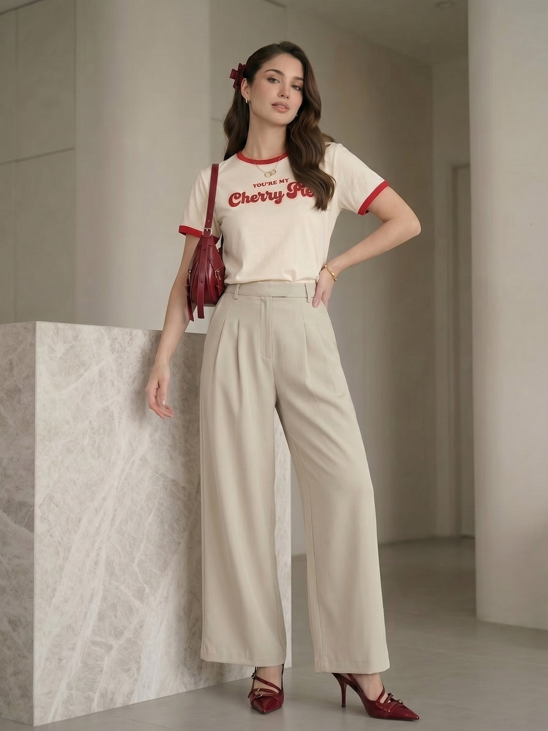 Women's Beige High-Rise Front Pleated Formal Wide-Leg Trouser