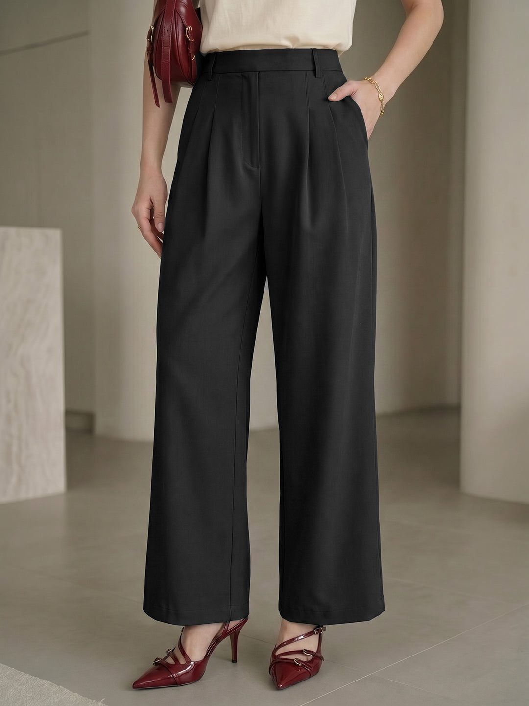 Women's Black High-Rise Front Pleated Formal Wide-Leg Trouser