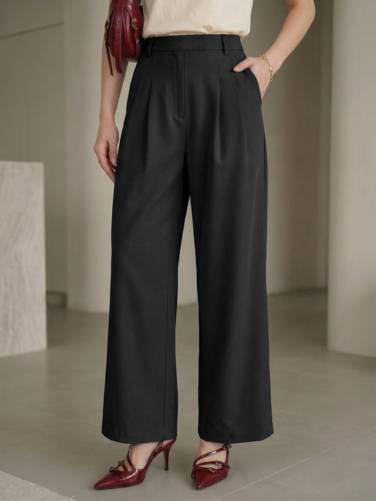 Women's Black High-Rise Front Pleated Formal Wide-Leg Trouser
