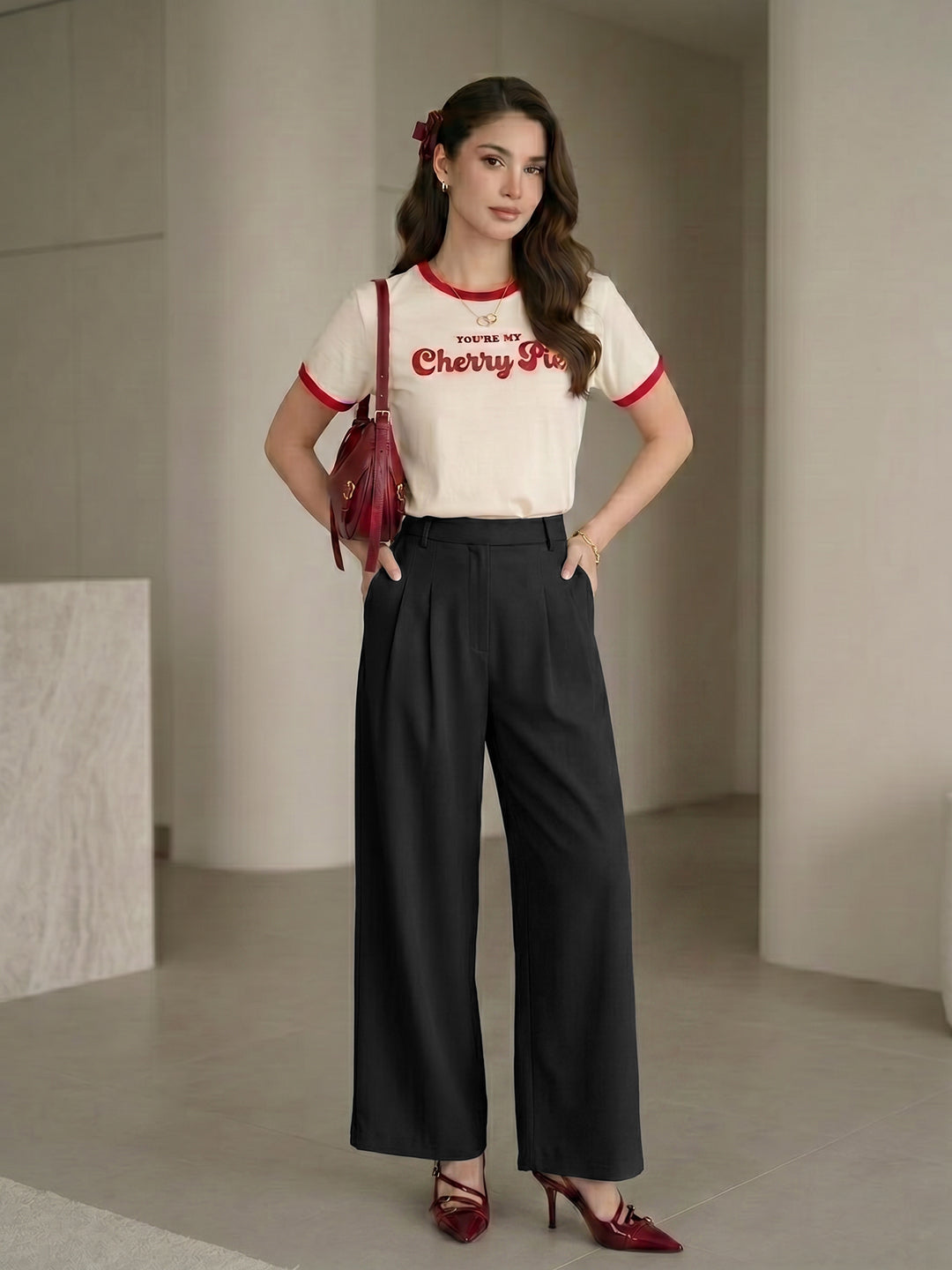 Women's Black High-Rise Front Pleated Formal Wide-Leg Trouser