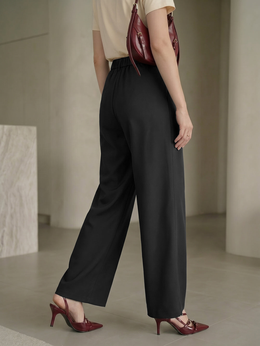 Women's Black High-Rise Front Pleated Formal Wide-Leg Trouser