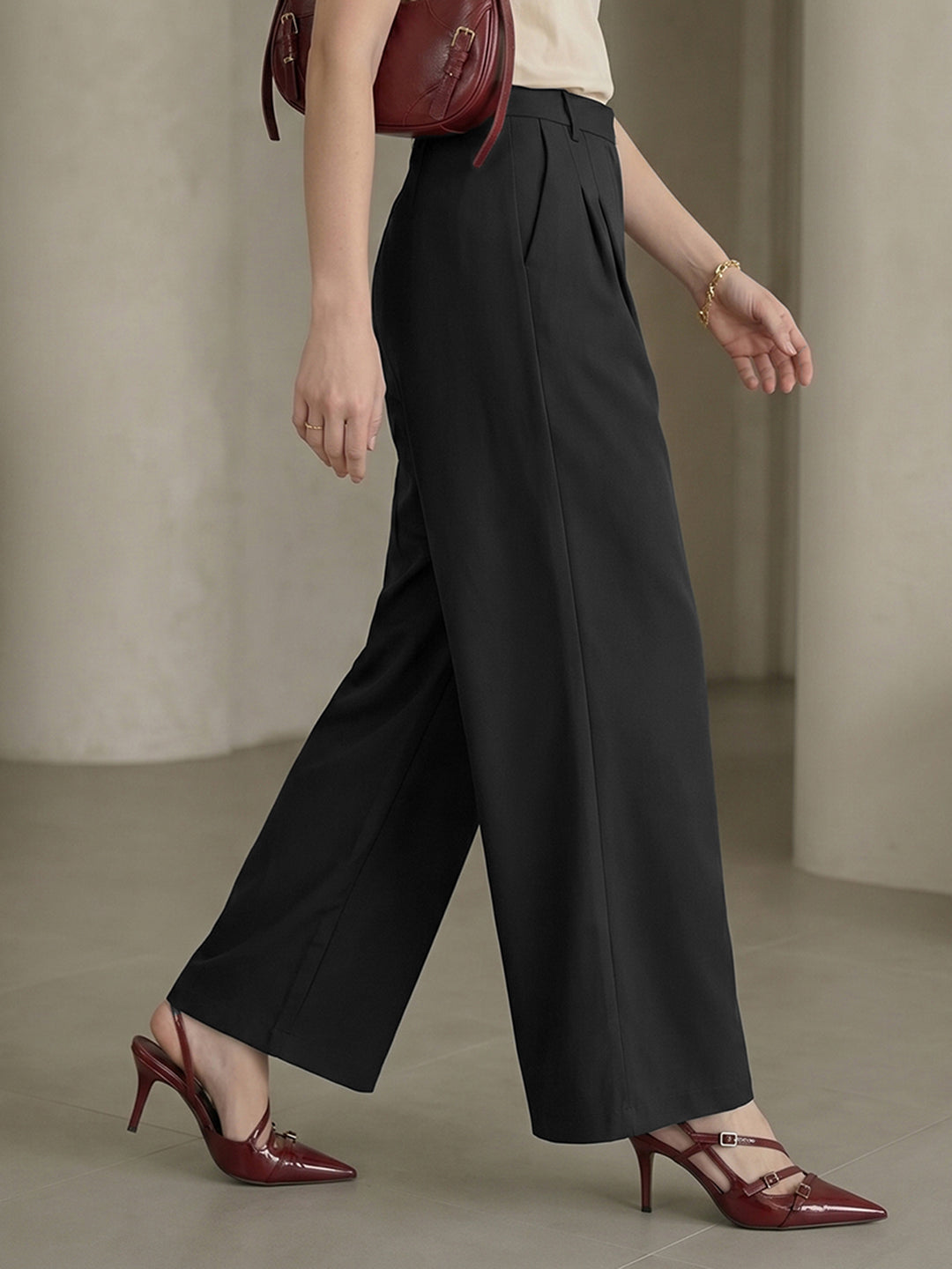 Women's Black High-Rise Front Pleated Formal Wide-Leg Trouser