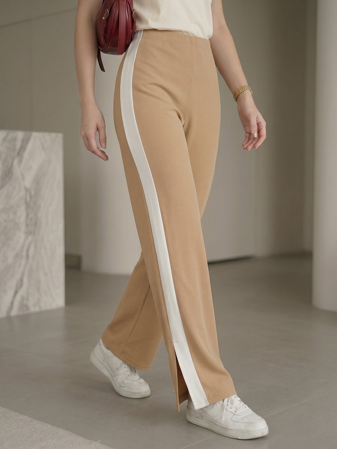 Women's Beige High-Waist Side-Stripe Wide-Leg Trouser with Side Slit