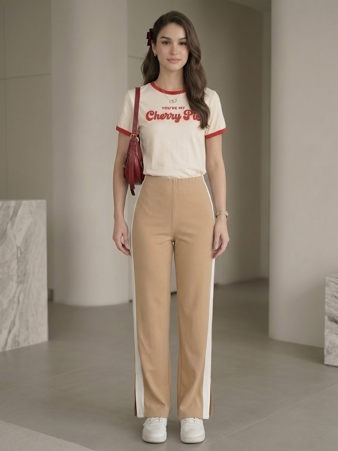 Women's Beige High-Waist Side-Stripe Wide-Leg Trouser with Side Slit