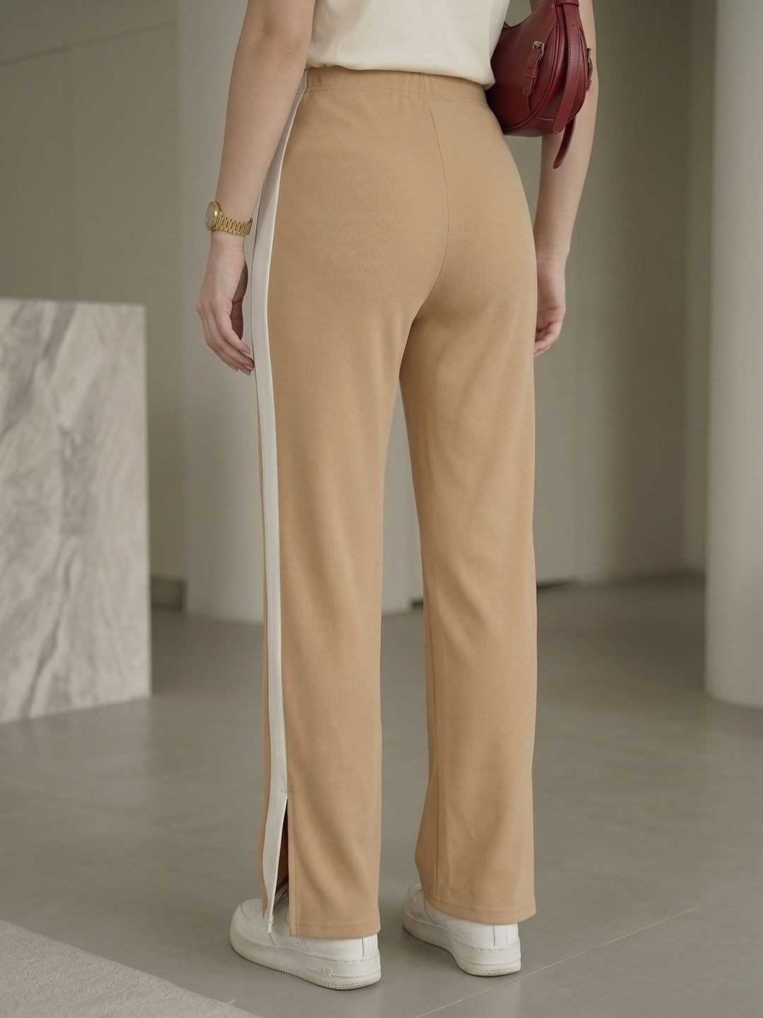 Women's Beige High-Waist Side-Stripe Wide-Leg Trouser with Side Slit