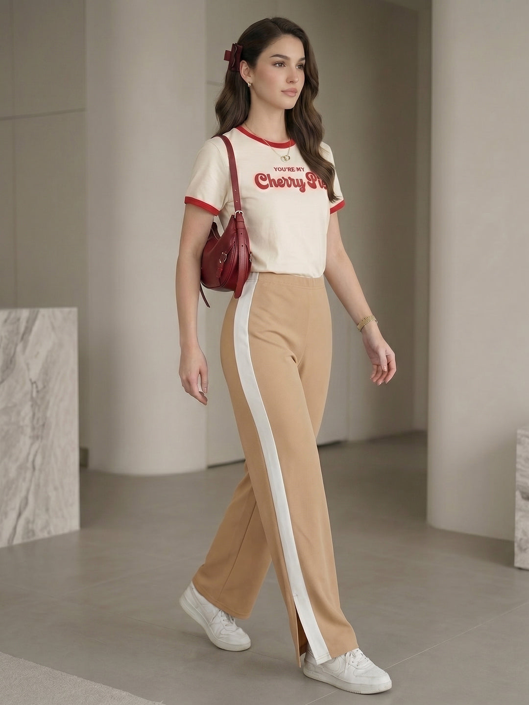 Women's Beige High-Waist Side-Stripe Wide-Leg Trouser with Side Slit