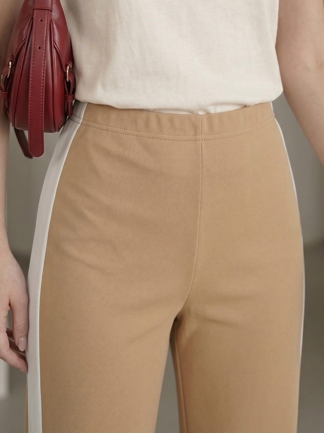 Women's Beige High-Waist Side-Stripe Wide-Leg Trouser with Side Slit
