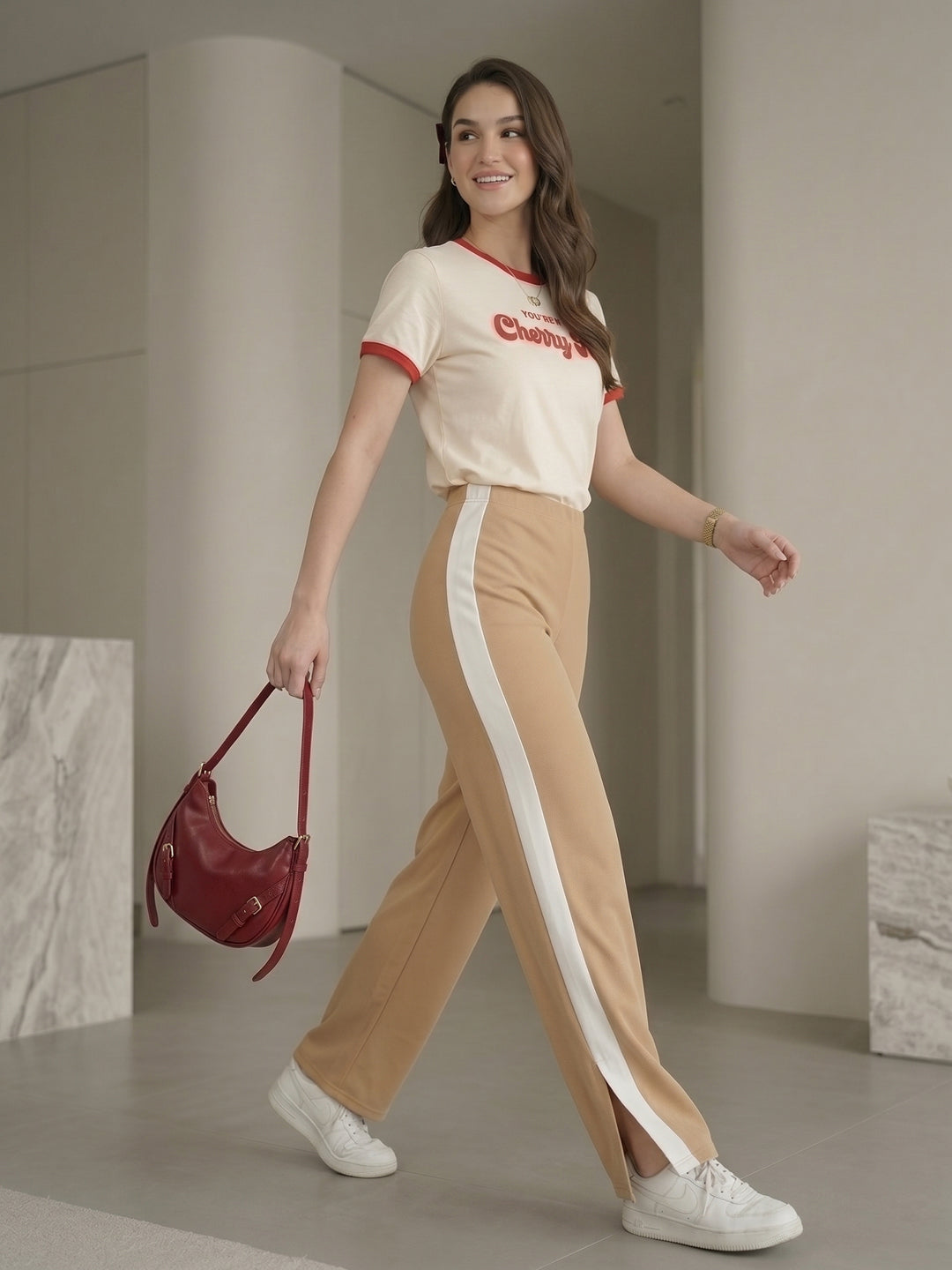 Women's Beige High-Waist Side-Stripe Wide-Leg Trouser with Side Slit