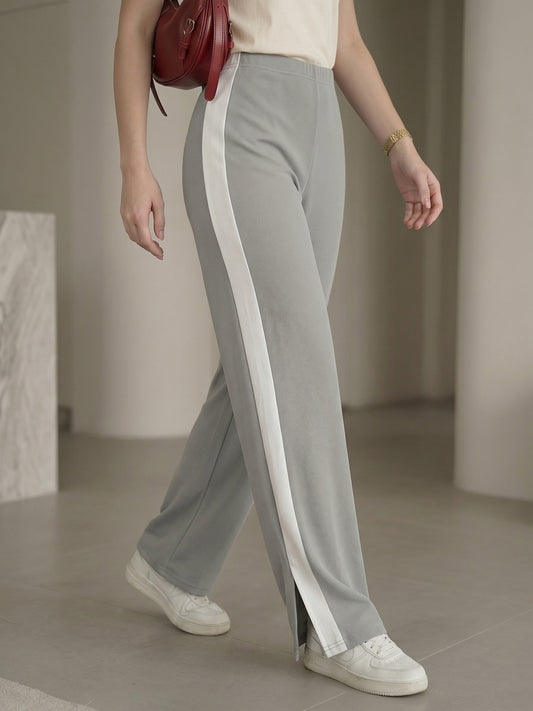 Women's Grey High-Waist Side-Stripe Wide-Leg Trouser with Side Slit