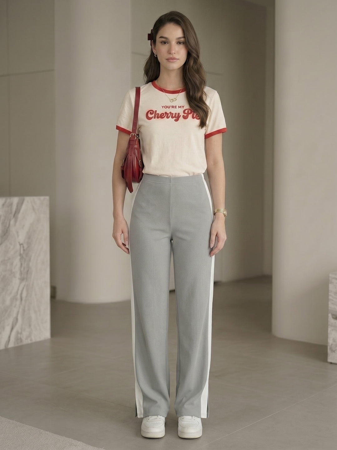 Women's Grey High-Waist Side-Stripe Wide-Leg Trouser with Side Slit