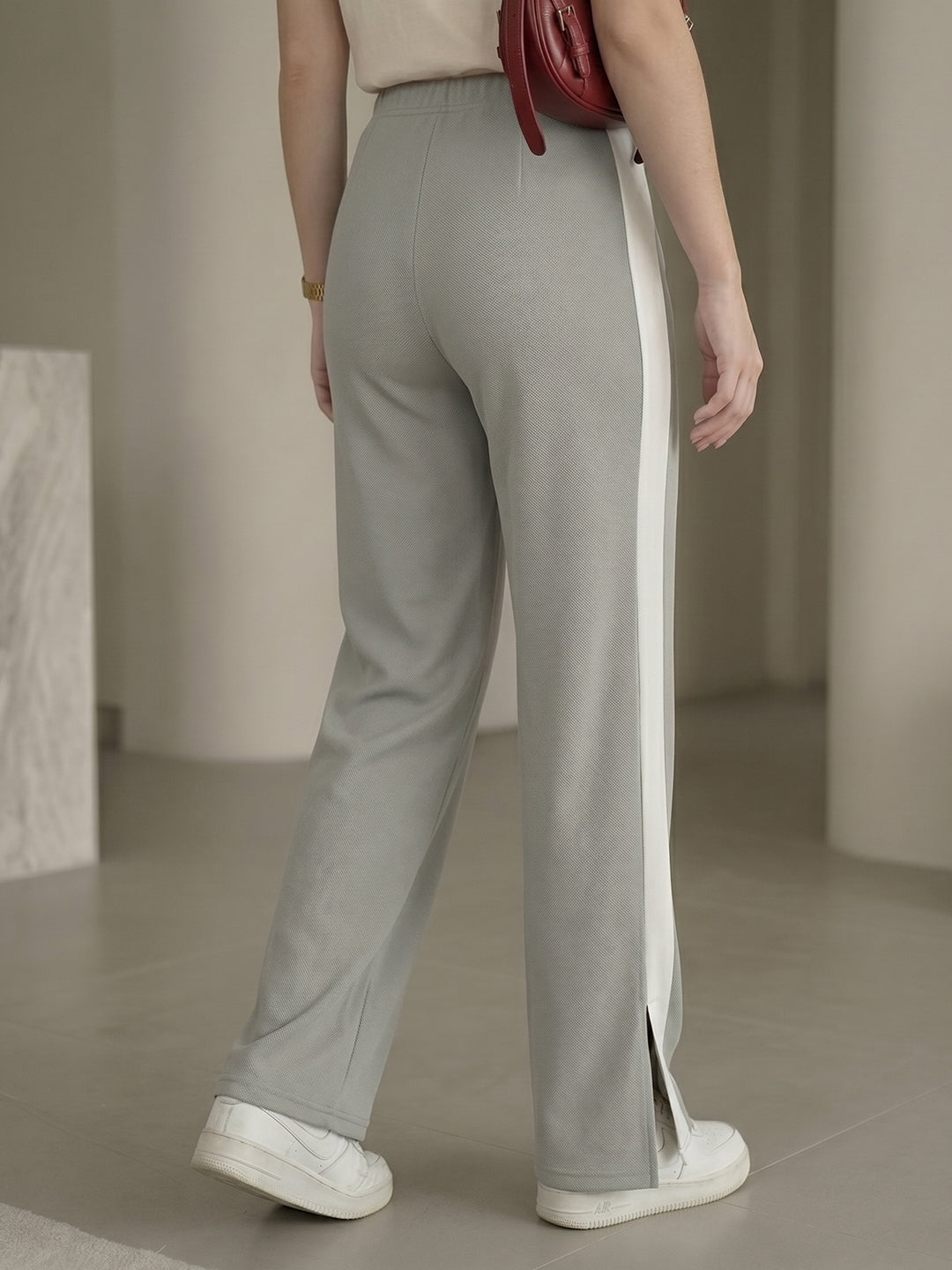 Women's Grey High-Waist Side-Stripe Wide-Leg Trouser with Side Slit