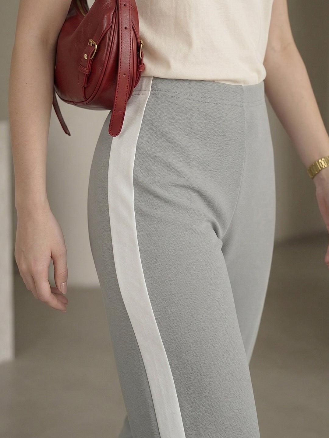 Women's Grey High-Waist Side-Stripe Wide-Leg Trouser with Side Slit
