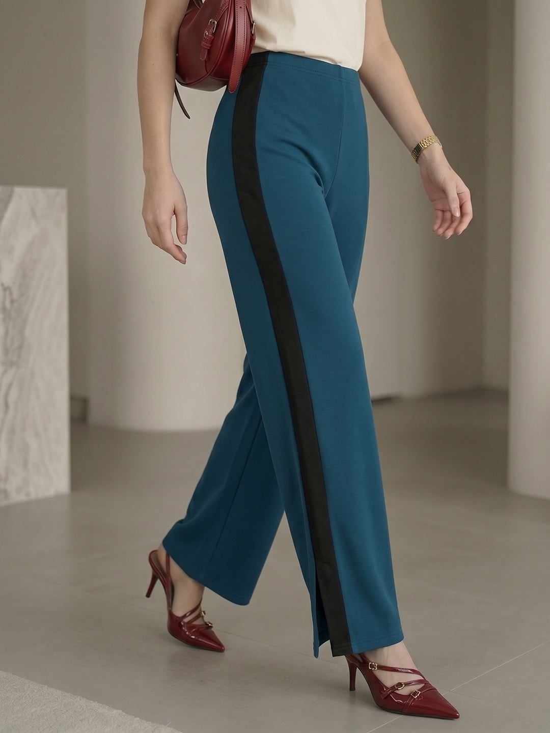 Women's Teal Blue High-Waist Side-Stripe Wide-Leg Trouser with Side Slit