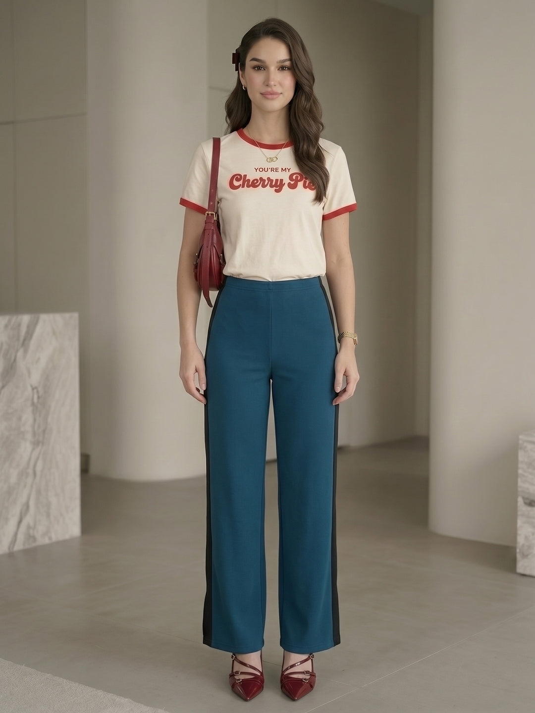 Women's Teal Blue High-Waist Side-Stripe Wide-Leg Trouser with Side Slit