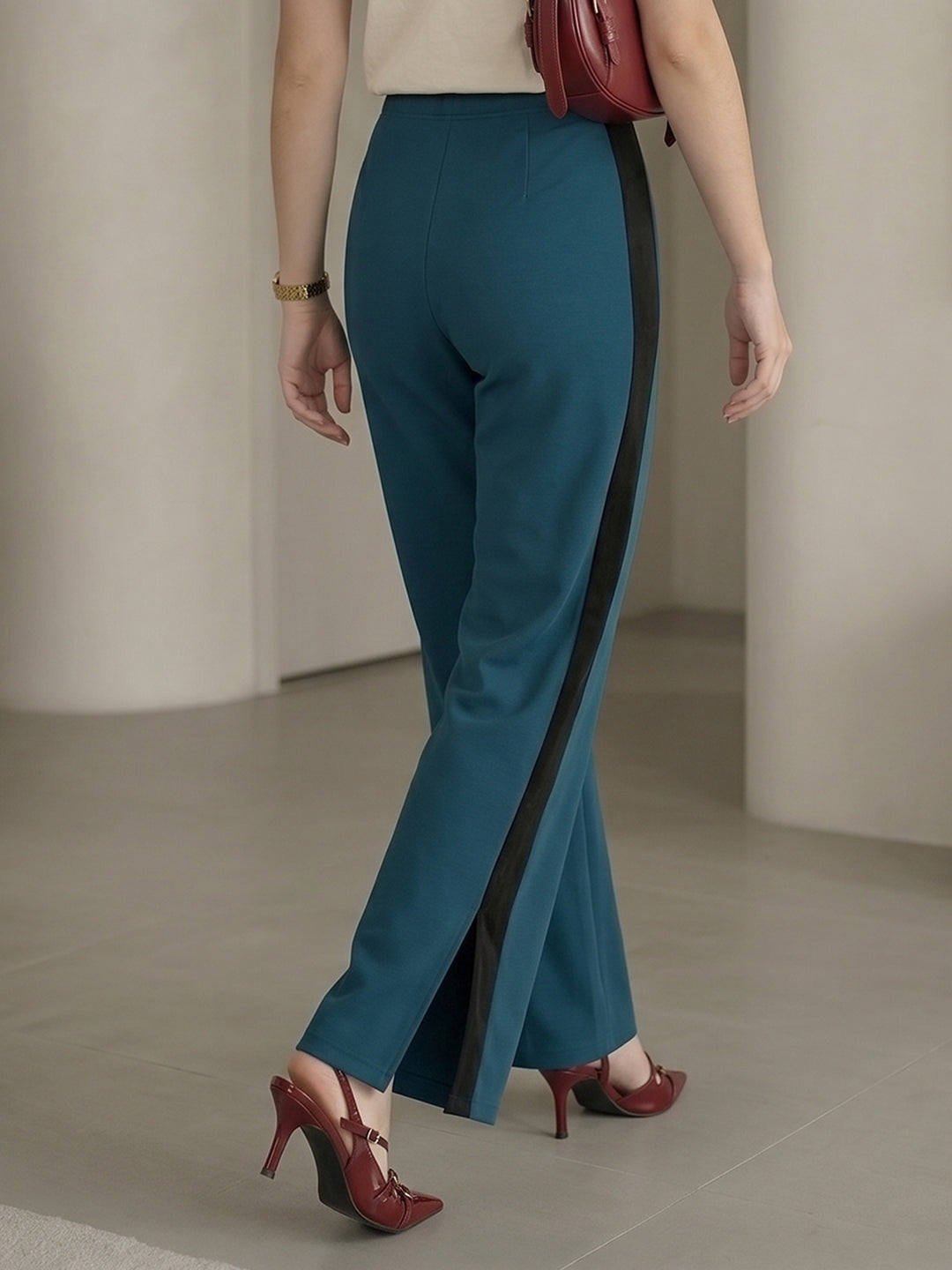 Women's Teal Blue High-Waist Side-Stripe Wide-Leg Trouser with Side Slit