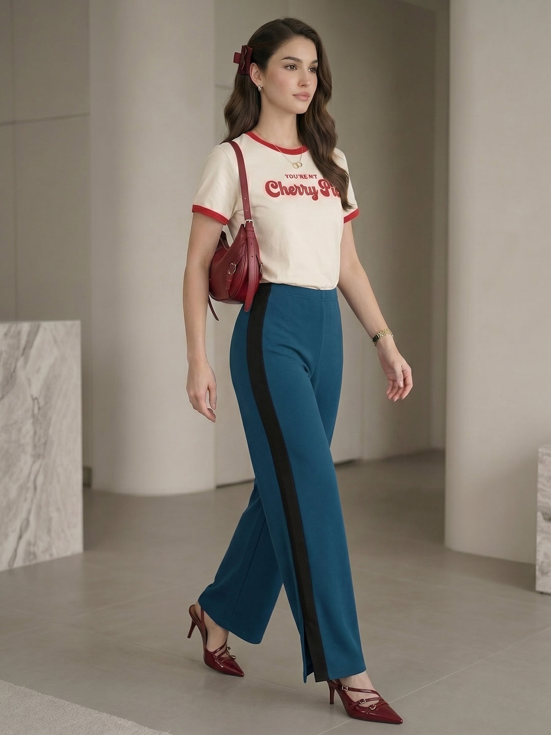 Women's Teal Blue High-Waist Side-Stripe Wide-Leg Trouser with Side Slit