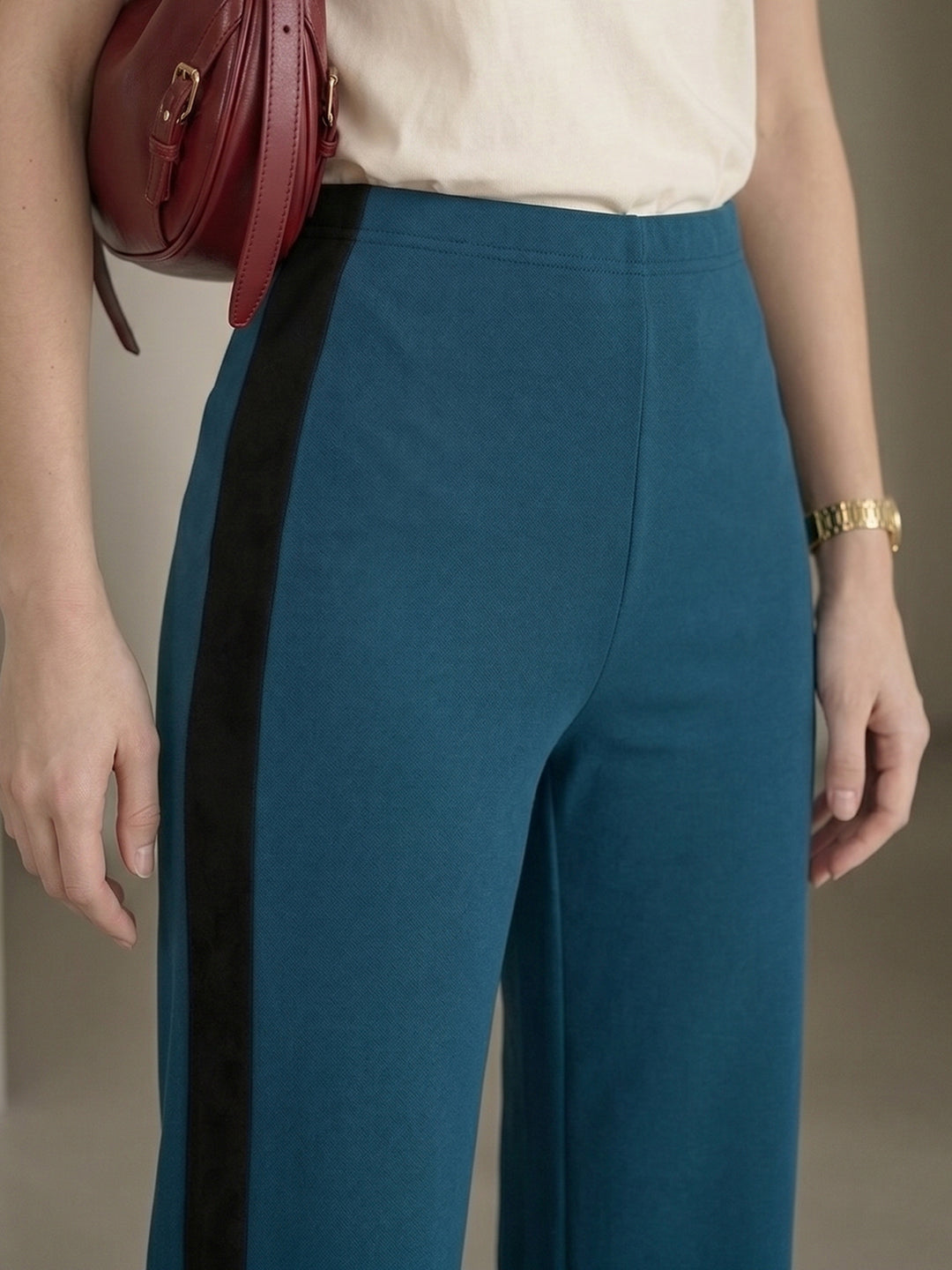 Women's Teal Blue High-Waist Side-Stripe Wide-Leg Trouser with Side Slit