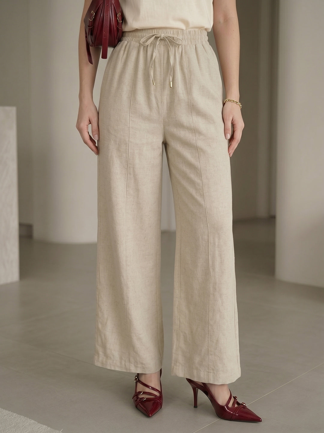 Women's Beige High-Waist Side-Stripe Wide-Leg Trouser with Side Slit