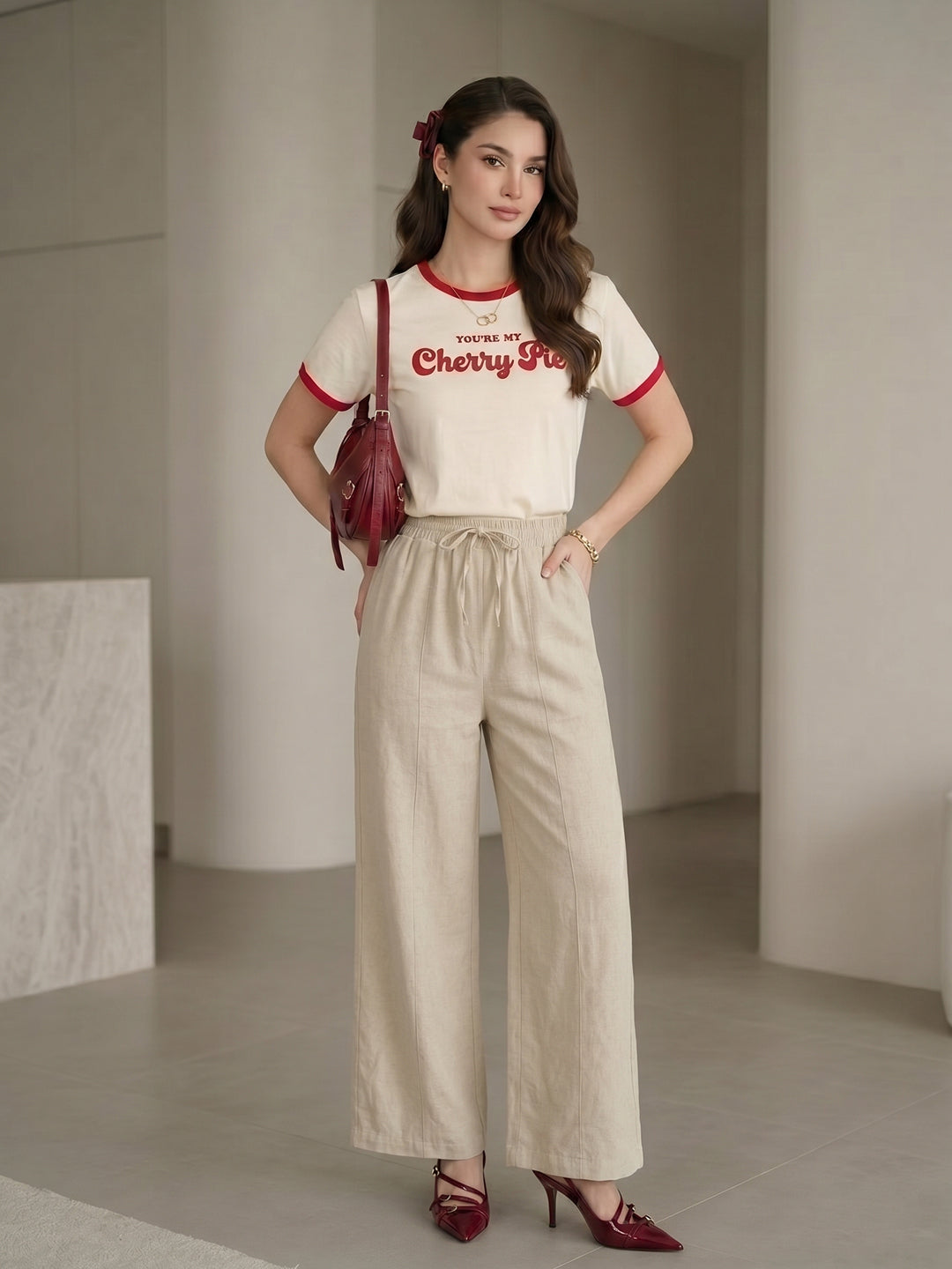Women's Beige High-Waist Side-Stripe Wide-Leg Trouser with Side Slit