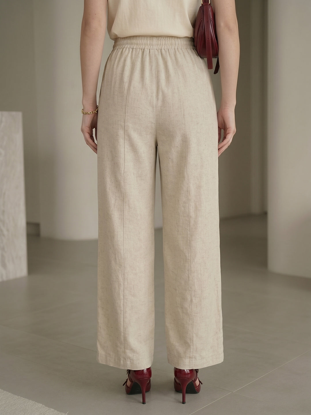 Women's Beige High-Waist Side-Stripe Wide-Leg Trouser with Side Slit