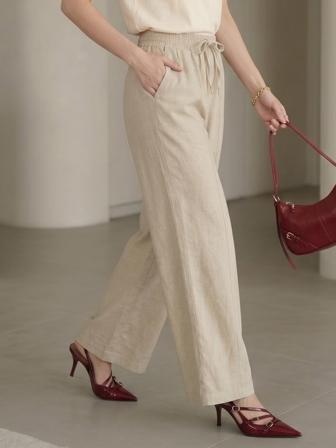 Women's Beige High-Waist Side-Stripe Wide-Leg Trouser with Side Slit