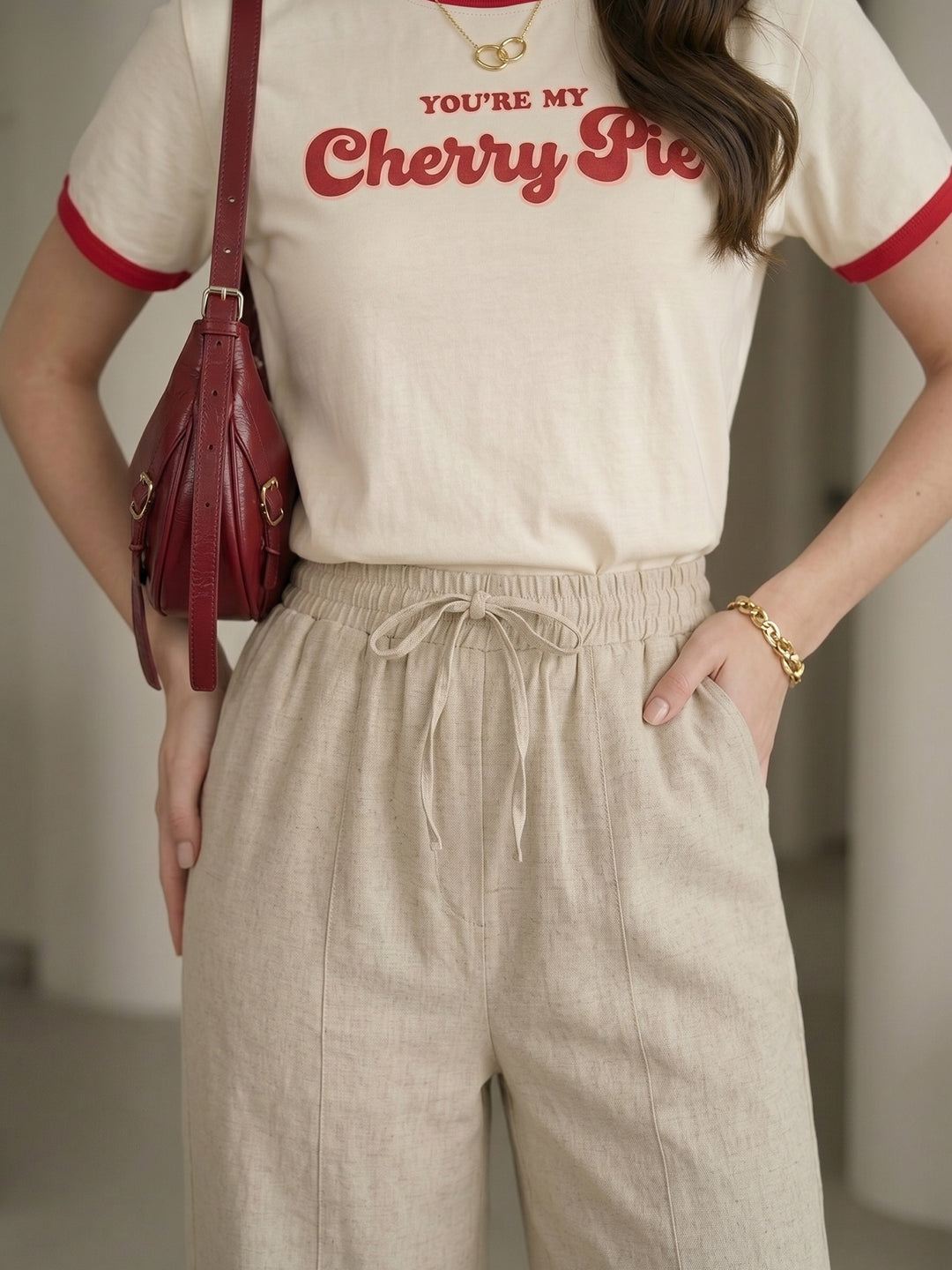 Women's Beige High-Waist Side-Stripe Wide-Leg Trouser with Side Slit