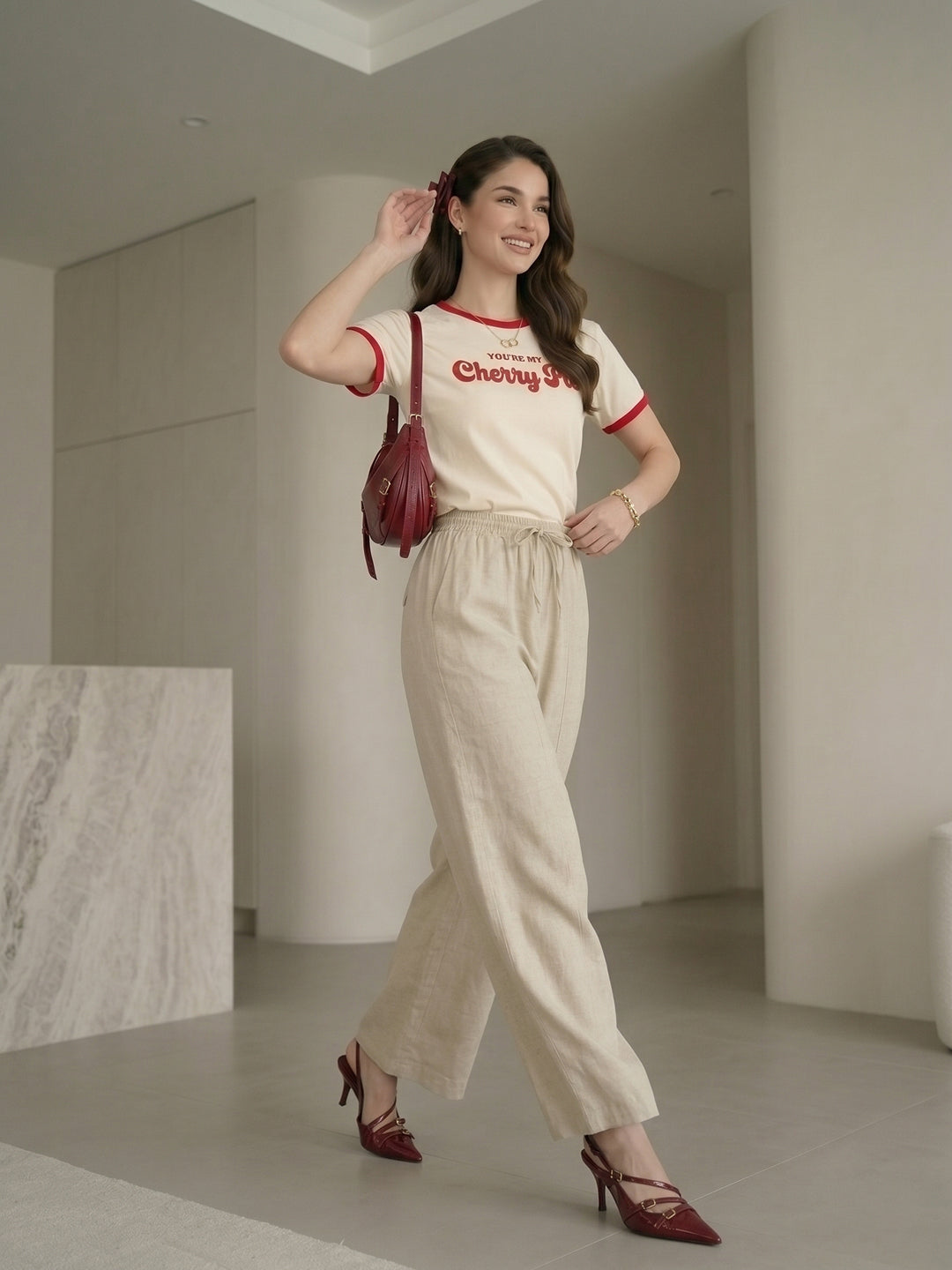 Women's Beige High-Waist Side-Stripe Wide-Leg Trouser with Side Slit