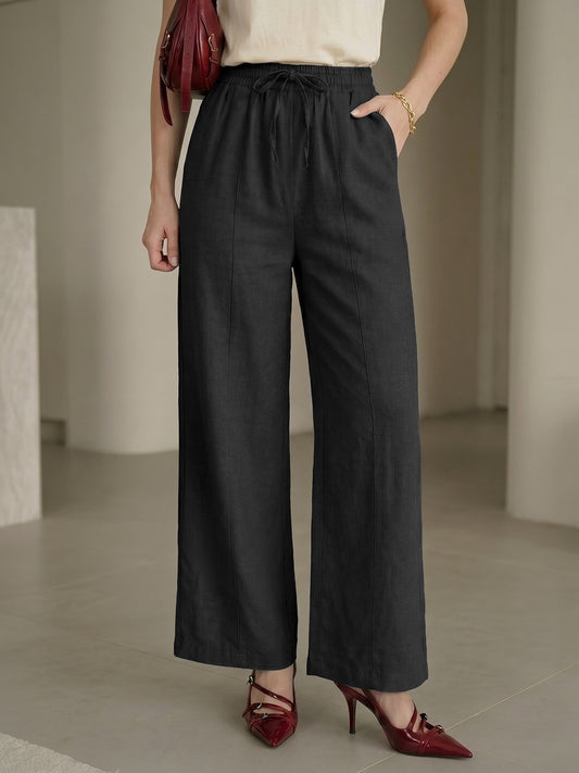 Women's Black High-Rise Elastic Waist Wide-LegTrousers with Pockets