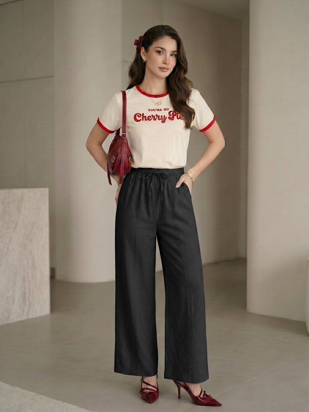 Women's Black High-Rise Elastic Waist Wide-LegTrousers with Pockets