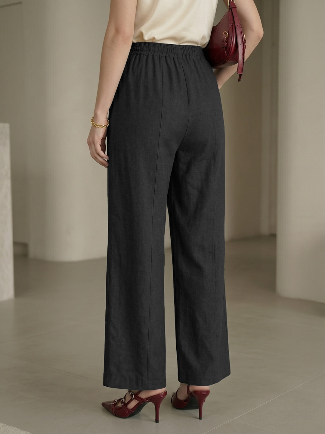 Women's Black High-Rise Elastic Waist Wide-LegTrousers with Pockets