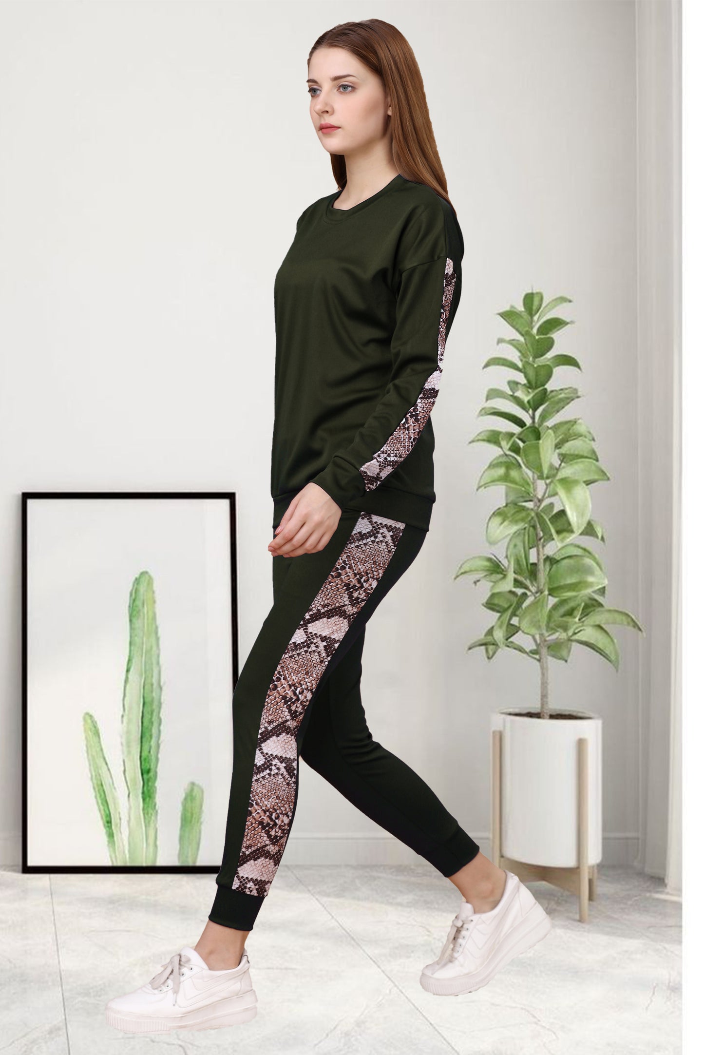 Snake Mehendi Tracksuit for Women | Stylish & Comfortable Activewear in Trendy Green