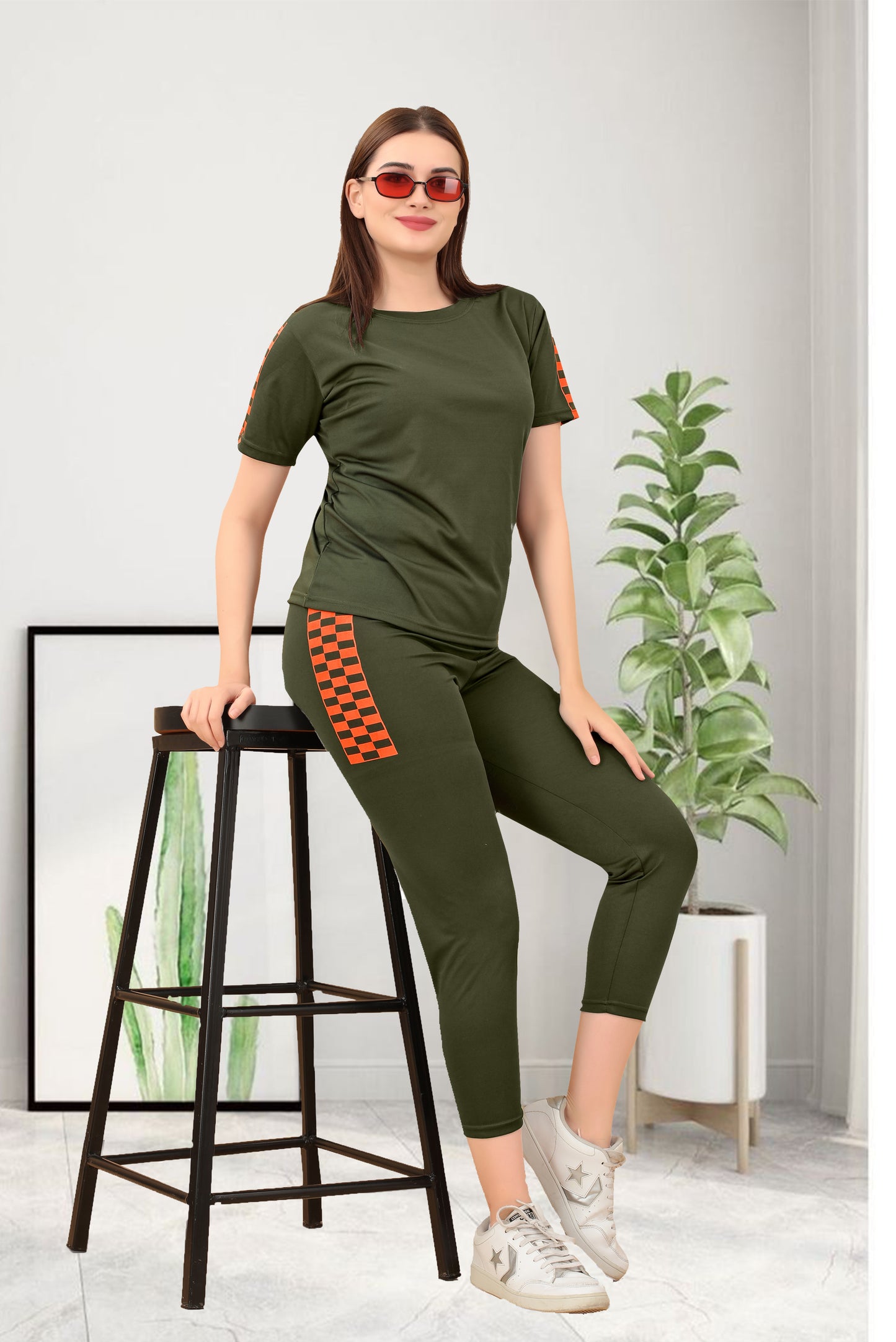 TS Half Checks Mehendi Tracksuit for Women | Elegant & Stylish Activewear with a Modern Checkered Pattern