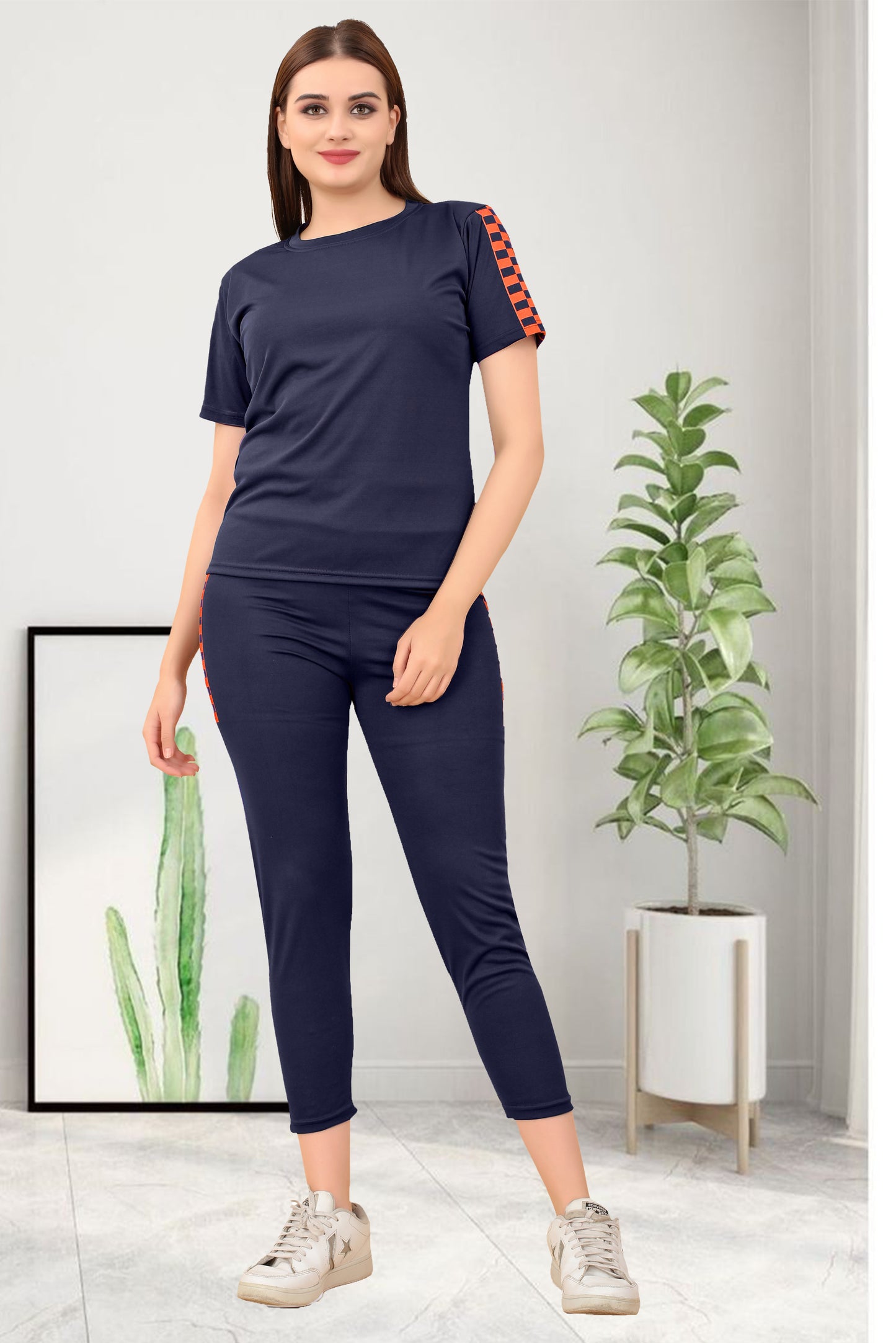 TS Half Checks Navy Blue Tracksuit for Women | Chic & Trendy Activewear with a Stylish Checkered Design