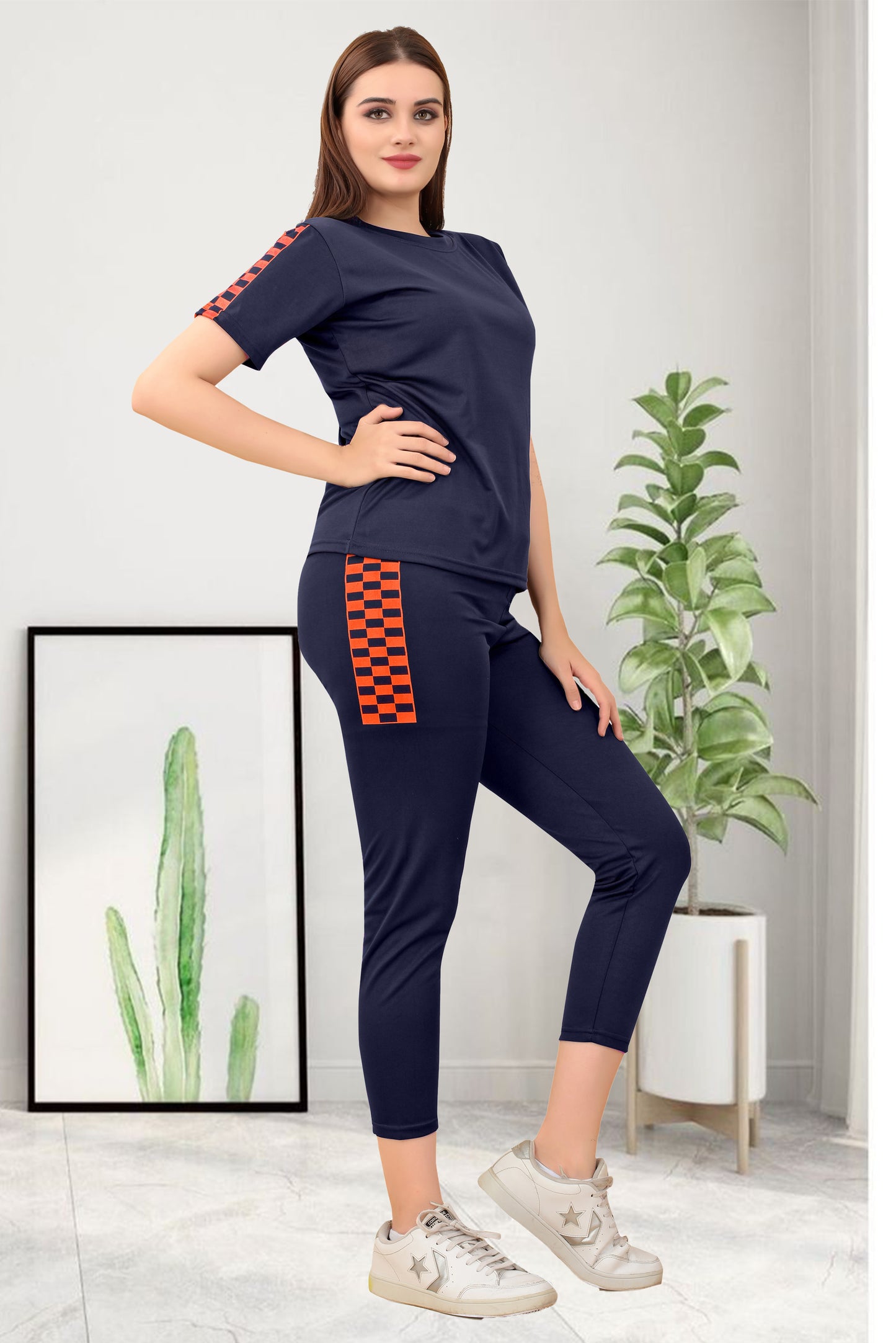 TS Half Checks Navy Blue Tracksuit for Women | Chic & Trendy Activewear with a Stylish Checkered Design