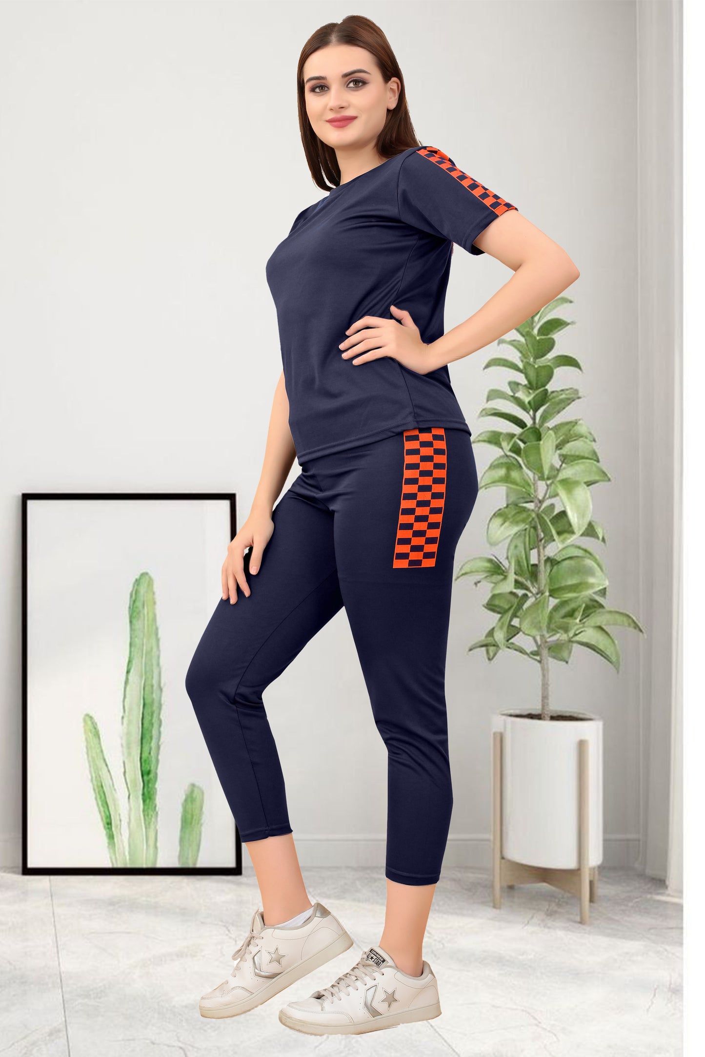 TS Half Checks Navy Blue Tracksuit for Women | Chic & Trendy Activewear with a Stylish Checkered Design